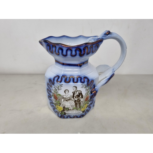 541 - Three Commemorative Jugs, William IV and Queen Adelaide, 8th Sept, 1831, in puce print, a Wedding Ju... 