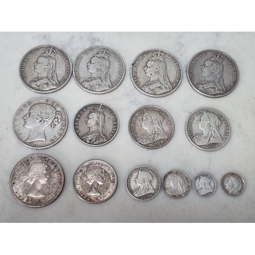 575 - A collection of Victorian and later silver Coins, Threepence - Crown, includes Crowns 1845, 1889 x2,... 