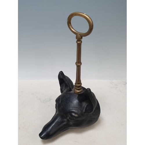 622 - A cast metal Door Stop in the form of a fox mask with brass handle 11 1/2in H