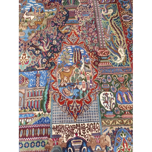 633 - A modern bordered Persian Carpet with numerous panels of animals, birds, vases and hieroglyphics, pa... 