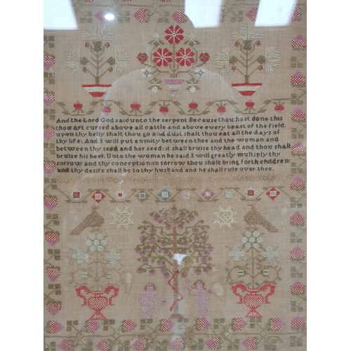 643 - A 19th Century framed Sampler depicting Adam and Eve and with floral border and embroidered text, 21... 