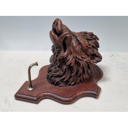 652 - A Black Forest style carved oak Boar Head on shield with coat hook 11in H