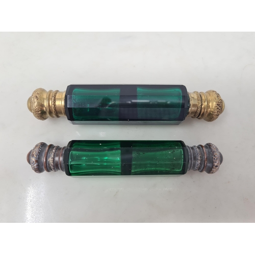 77 - Two green glass double-ended Scent Bottles with gilt metal lids