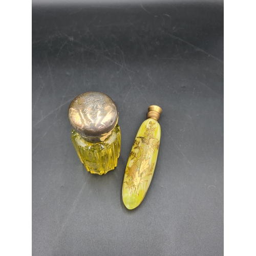 78 - An Edward VII silver lidded yellow glass Scent Bottle engraved initials, Chester 1908, and an opalin... 