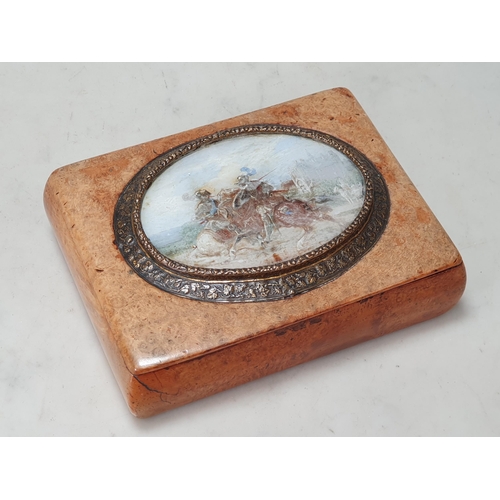 240 - A burr maple Box with oval panel to lid painted two figures in battle on horseback and distant build... 