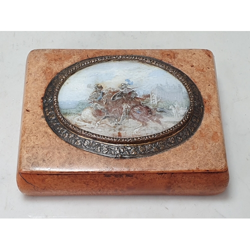 240 - A burr maple Box with oval panel to lid painted two figures in battle on horseback and distant build... 