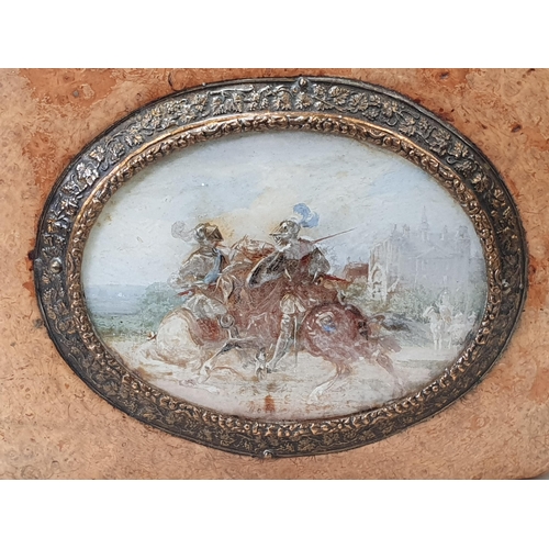 240 - A burr maple Box with oval panel to lid painted two figures in battle on horseback and distant build... 