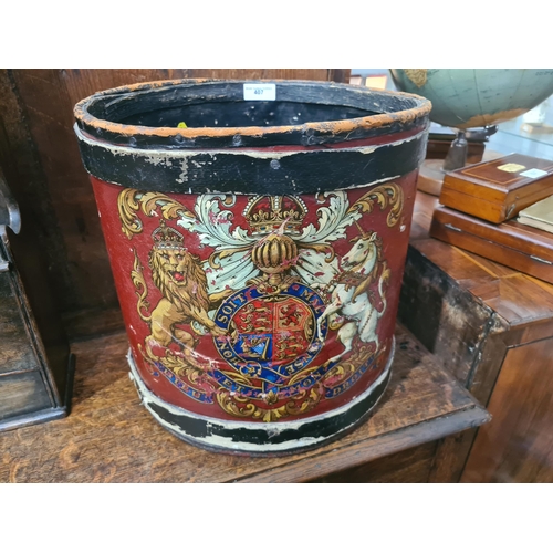 407 - An antique Drum with painted Armorial design converted to a waste paper bin 1ft 3in H x 1ft 3in D