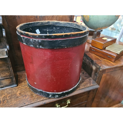 407 - An antique Drum with painted Armorial design converted to a waste paper bin 1ft 3in H x 1ft 3in D