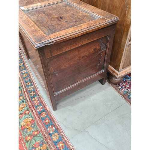 293 - A small 18th Century Oak Coffer with panelled top and front, the interior fitted Candle Box, 3ft 6in... 