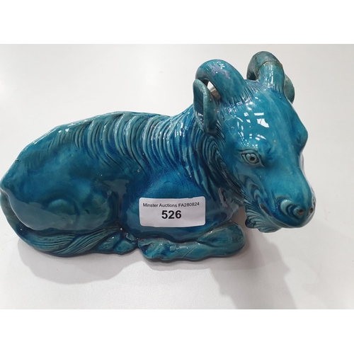 526 - A Chinese turquoise glazed recumbent figure of a Goat, A/F, 7 1/2in L x 4 1/2in H