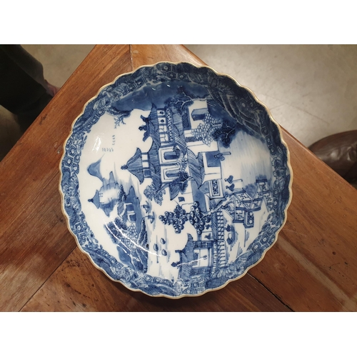 480 - Five Chinese Blue & White Dishes with shaped rims with gilt highlights decorated with pagoda and fen... 