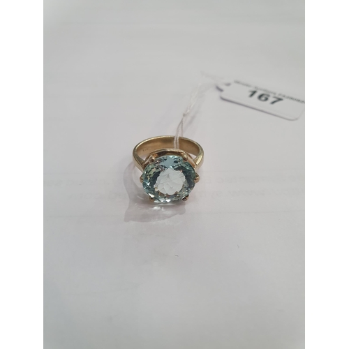 167 - An Aquamarine Ring claw-set large round mixed-cut stone, stamped 585, ring size H 1/2, approx 6.10gm... 