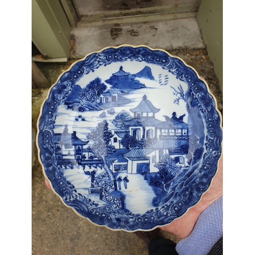 480 - Five Chinese Blue & White Dishes with shaped rims with gilt highlights decorated with pagoda and fen... 