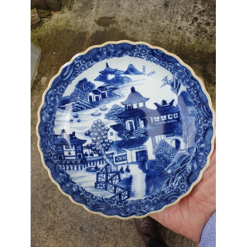 480 - Five Chinese Blue & White Dishes with shaped rims with gilt highlights decorated with pagoda and fen... 