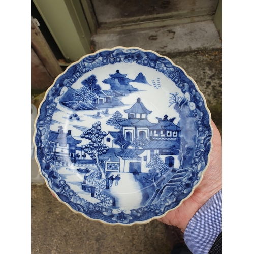 480 - Five Chinese Blue & White Dishes with shaped rims with gilt highlights decorated with pagoda and fen... 