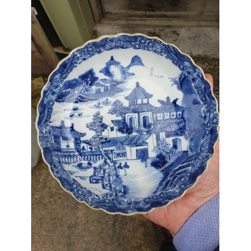 480 - Five Chinese Blue & White Dishes with shaped rims with gilt highlights decorated with pagoda and fen... 