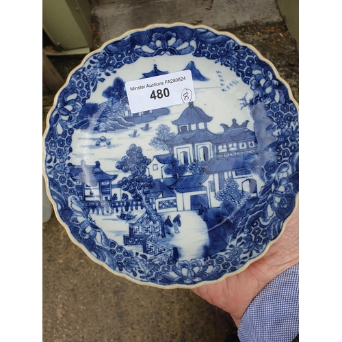 480 - Five Chinese Blue & White Dishes with shaped rims with gilt highlights decorated with pagoda and fen... 