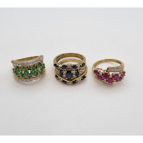 157 - A Sapphire and Diamond triple Ring set, ring size L/M, an Emerald and Diamond Ring, ring size J 1/2 ... 