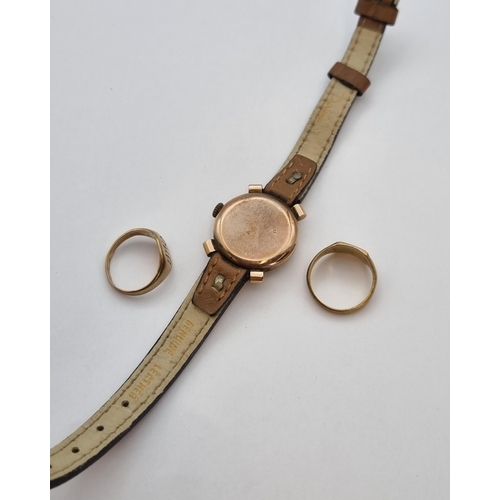 158 - Two 9ct gold Signet Rings, approx 4.40gms and a lady's Accurist Wristwatch in 9ct gold case on tan l... 