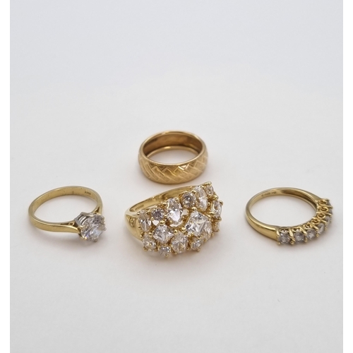 161 - Three 14ct gold Rings set CZ and a 14ct gold Wedding Band, approx 12gms all in