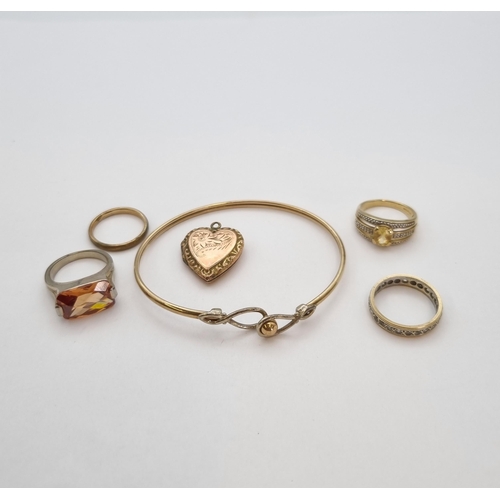 185 - A 9ct Gold & Silver Bangle, a Citrine and Diamond Chip-set Ring, Three Costume Rings and a 9ct Gold ... 