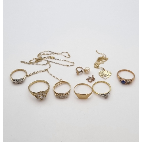 192 - Six 9ct Gold Rings, a fine 9ct Gold Oval Belcher Link Chain, stamped 375, a single Cultured Pearl 9c... 