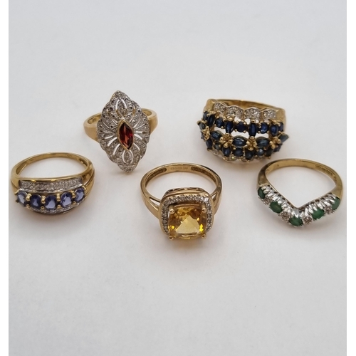 197 - Five 9ct gold Dress Rings set various stones, approx 14.90gms all in