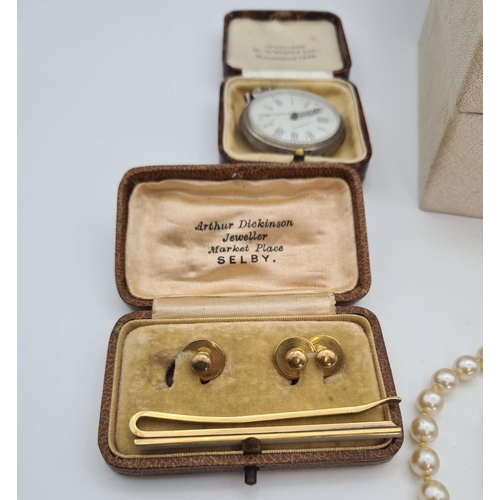 198 - A collection of Costume Jewellery, Pocket Watches, Trinket Box, Hip Flask etc