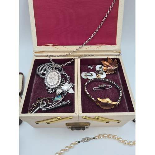 198 - A collection of Costume Jewellery, Pocket Watches, Trinket Box, Hip Flask etc