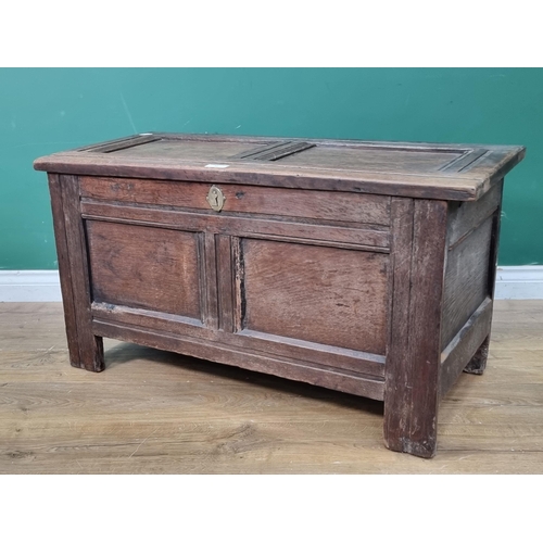 10 - An Antique oak panelled Coffer, with interior candle box 3ft 1in W x 1ft 9in H (R2)