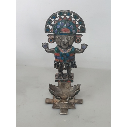 100 - Four Peruvian silver and mosaic inlaid Figures of two llamas and two standing figures, approx 5in