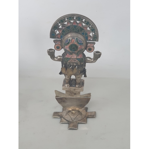 100 - Four Peruvian silver and mosaic inlaid Figures of two llamas and two standing figures, approx 5in