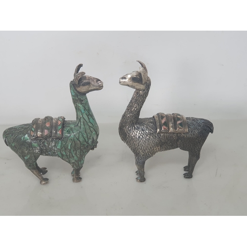 100 - Four Peruvian silver and mosaic inlaid Figures of two llamas and two standing figures, approx 5in