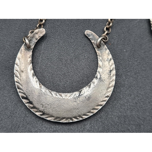 117 - Five Georgian silver crescent shape Labels with gadroon rims and chains, viz: Mountain, Madeira, Cla... 