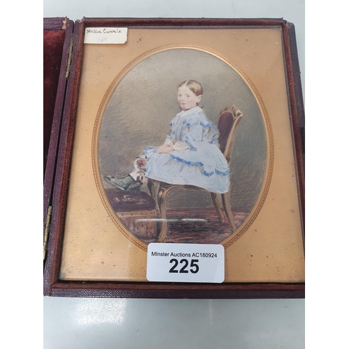 225 - An oval watercolour of Young Girl sat on a chair, 4 x 3 1/2in, in folding frame, and five early Port... 