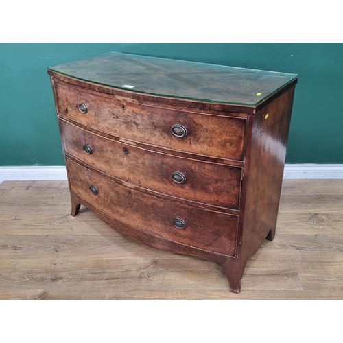 24 - A 19th Century mahogany bow fronted Chest of three drawers raised on splayed feet 3ft 4in W x 2ft 8i... 