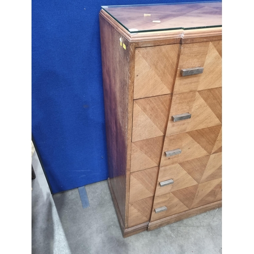 25 - An Art Deco walnut veneered breakfront Chest of five graduated drawers 4ft 2in H x 3ft W (R3)