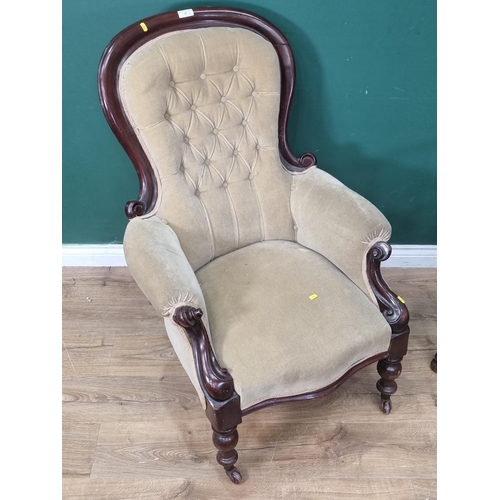 27 - A Victorian mahogany framed button back Armchair and an ash ladderback Elbow Chair (R3)