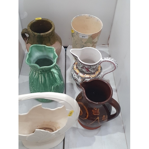 277 - A Kensington Pottery Art Deco Vase, four various Jugs, and a Beswick leaf design Flower Holder, (R4)