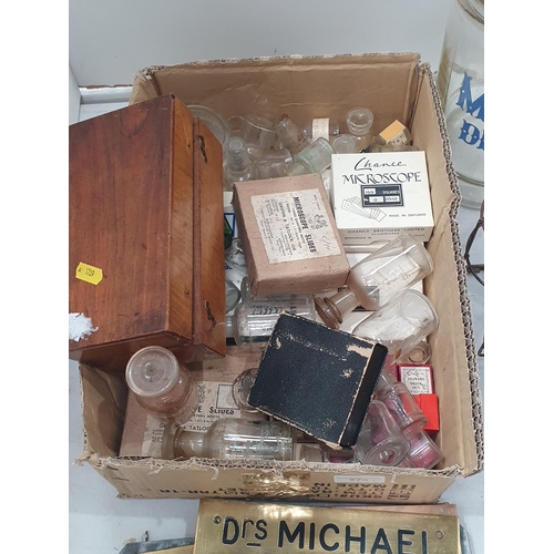 279 - A quantity of Chemist glass Bottles, a Microscope in case, a Bottle Stand, a labelled Jar and Cover,... 