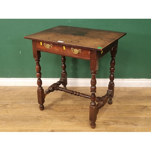 28 - An 18th Century oak Side Table fitted single frieze drawer raised on turned supports united by H-str... 