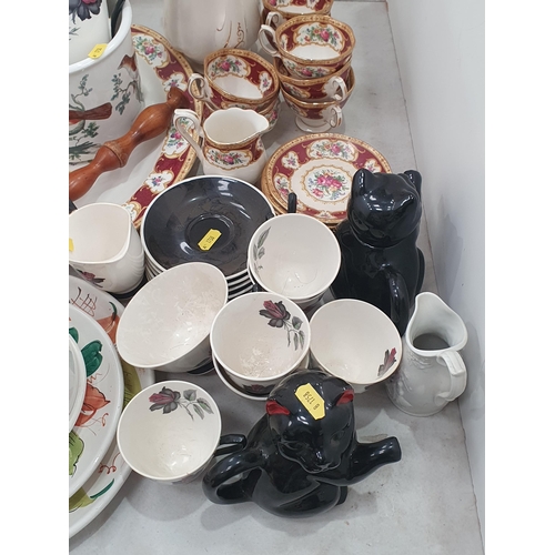 288 - A pair of Portmeirion Bowls, decorated birds, a pottery three-tier Cake Stand, two Cat Teapots, Roya... 