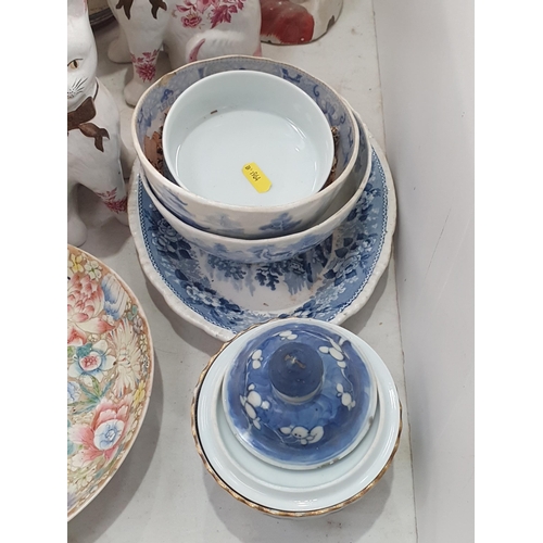 294 - A Chinese floral decorated Dish, 9in diam, A/F, two Staffordshire seated Spaniels, a pair of Staffor... 