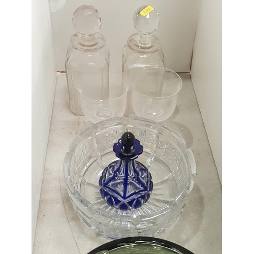 299 - A green Art Glass shallow Bowl, two coloured glass Scent Bottles, a glass Bowl, a pair of Glasses an... 