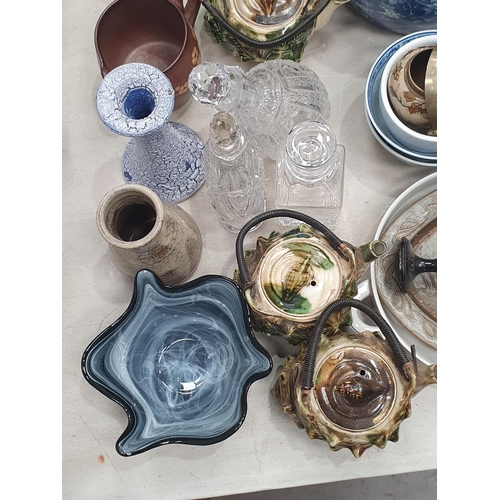 306 - A blue and white Lamp Base, a pair of floral Vases, five shell-shaped Teapots, Art Glass Jugs, Vases... 