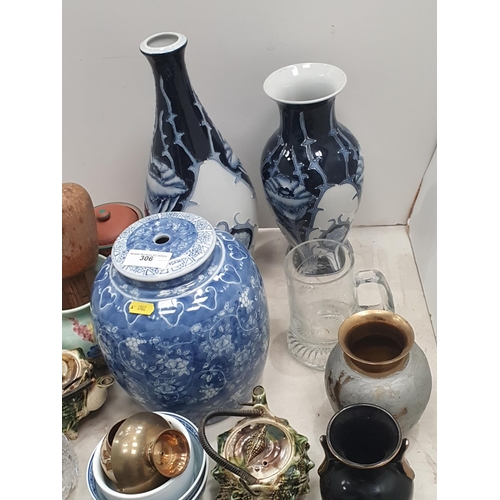 306 - A blue and white Lamp Base, a pair of floral Vases, five shell-shaped Teapots, Art Glass Jugs, Vases... 