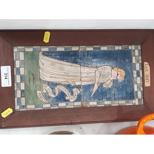 314 - Two Tiles, framed as one, depicting a pre-Raphaelite figure with hand written inscription to the bac... 