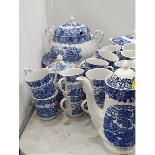 319 - A large quantity of blue and white tableware by Wood & Sons, etc, including Tureens, Coffee Pot, Mug... 