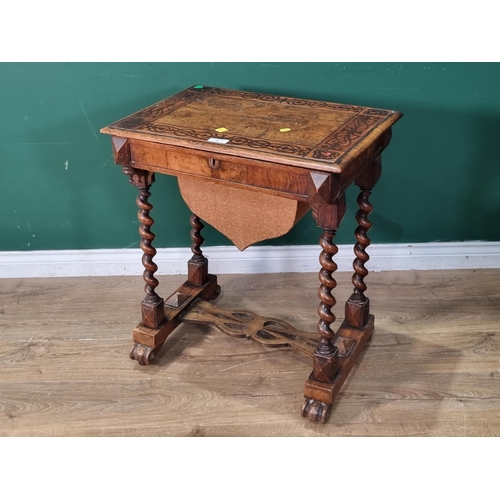 32 - A Victorian burr oak and walnut crossbanded Sewing Table with rosewood veneered inlaid design, hinge... 